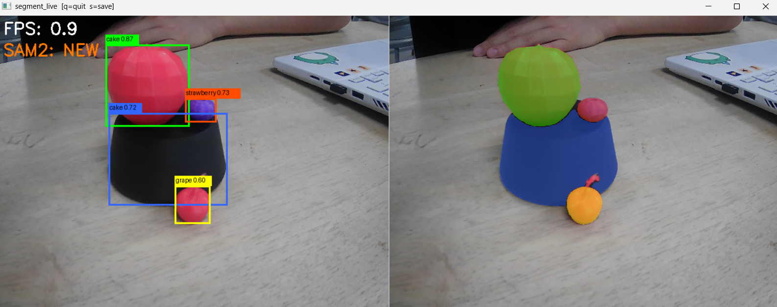 Live segment window — YOLO boxes on the left, SAM2 masks on the right